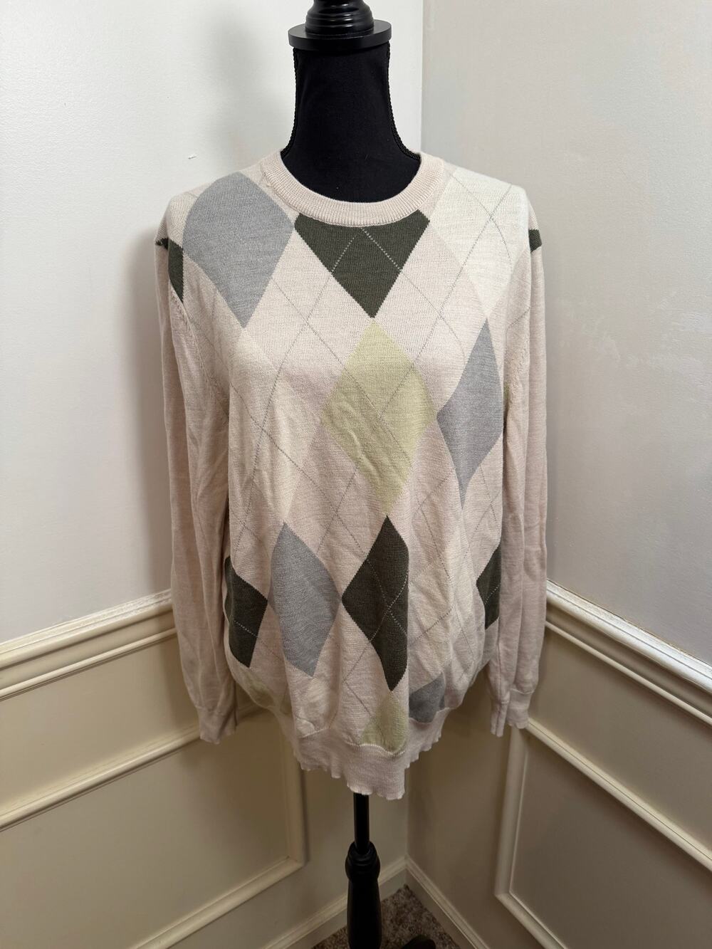 Club Room Men's Merino Wool Blend Argyle Crewneck Sweater Preppy Light Academia